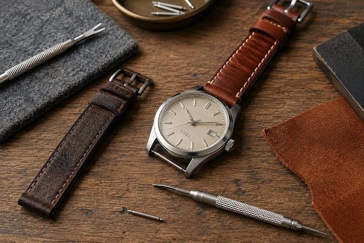 Mechanische Uhr mit neu angefertigtem Lederarmband auf der Werkbank
