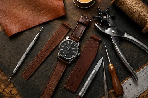 Werkzeug und Leder für die Herstellung eines Uhrenarmbands auf einer Werkbank